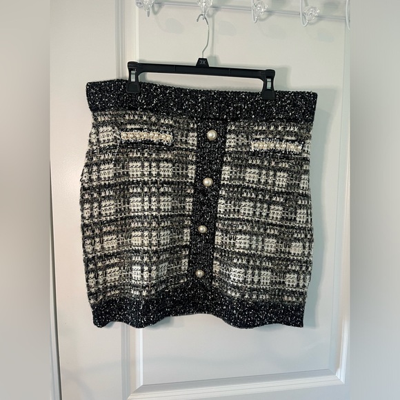Caché Tweed Glitter Knit Pearl Embellished Faux Pocket Trimming Skirt Sz Large - Picture 3 of 11